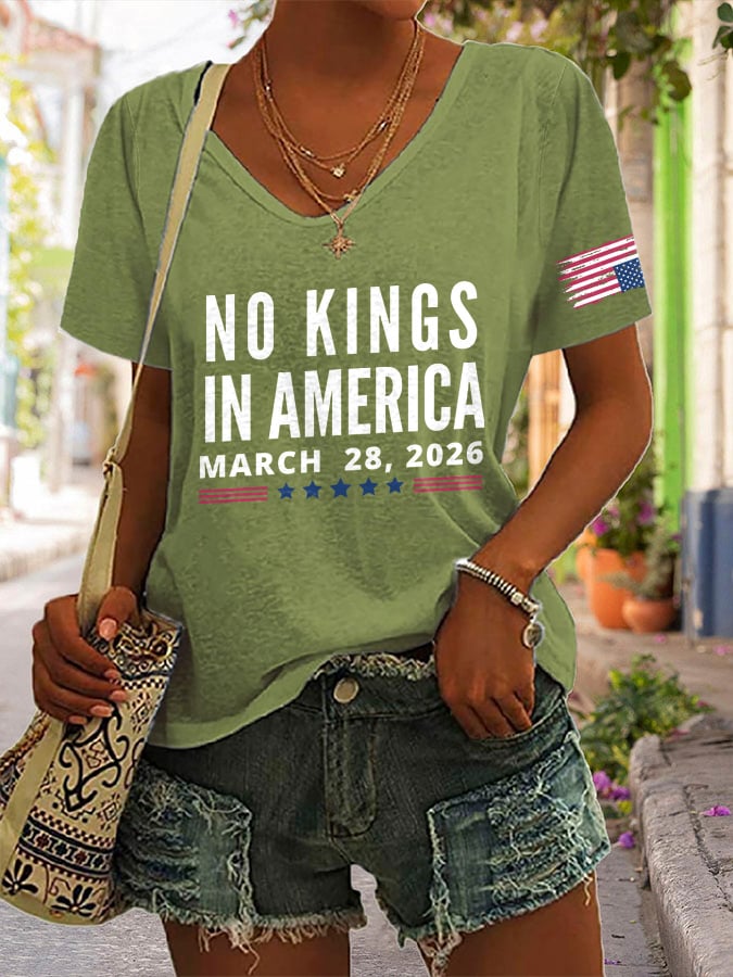 🔥Buy 3 Get 15% Off🔥V-Neck Retro No Kings In America March 28 2026 Print T-Shirt