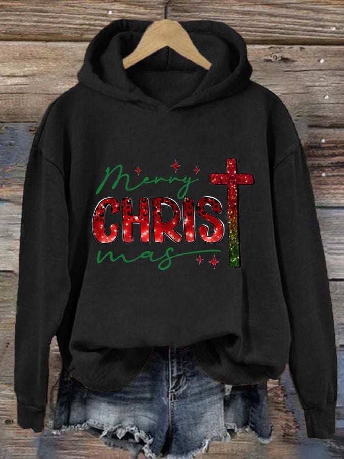 Women's Casual Christmas Art Cross Faith Print Hoodie