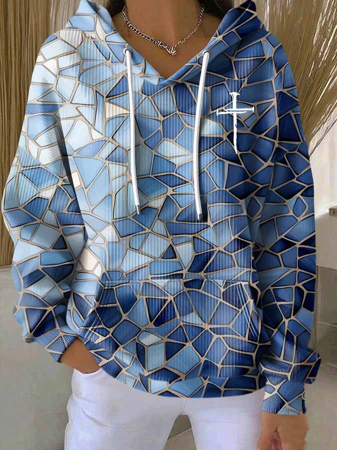 Women's Casual Retro Color Block Contrast Print Faith Texture Hoodie