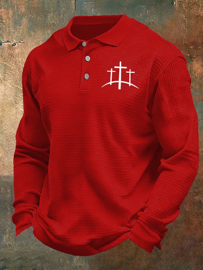 Men's Cross Print Casual Waffle Shirt