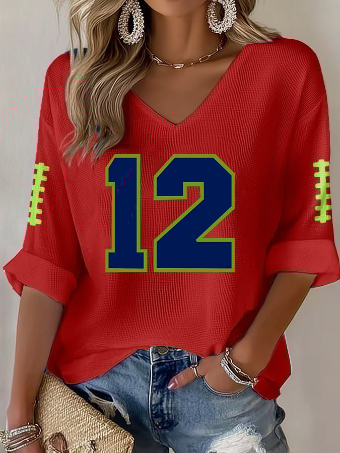 Women's Rugby Print Waffle Long Sleeve T-Shirt