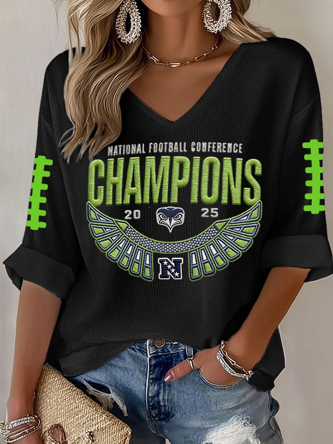 Women's Football Print Waffle Long Sleeve T-Shirt