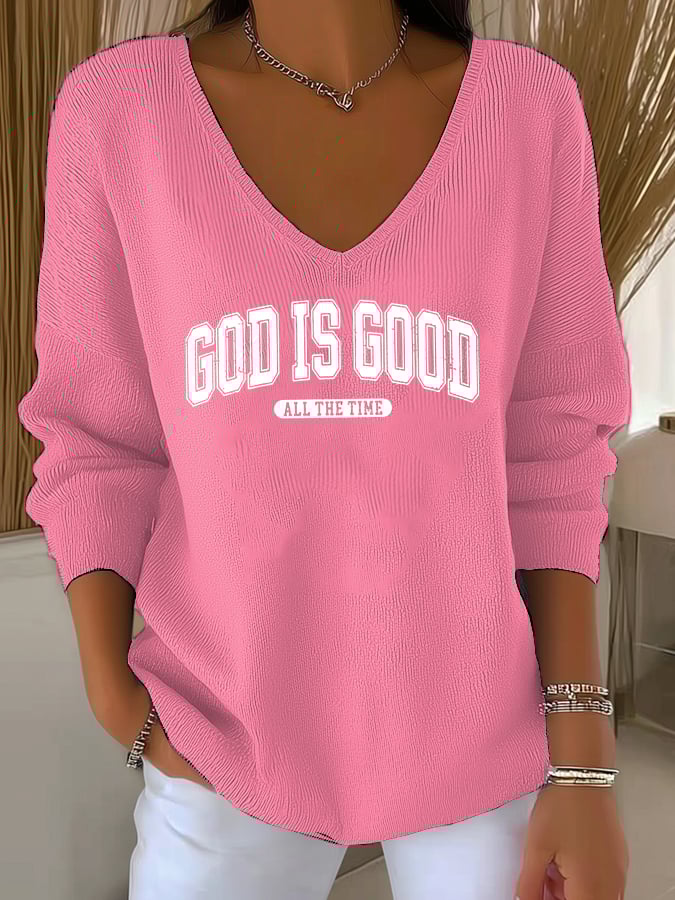 Women's Retro God Is Good All The Time Print Knit Top