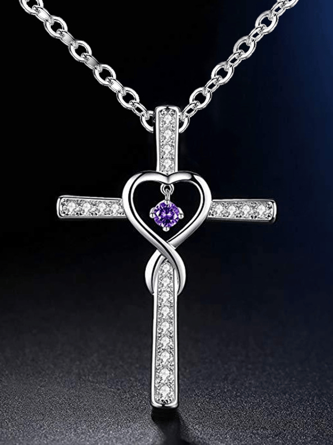 Women's Cross Encrusted Zircon Pendant Love Shaped Birthstone Necklace