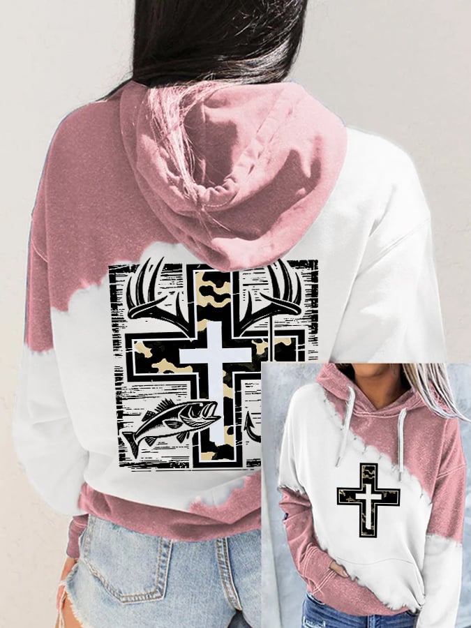 Women's Retro Faith Fishing Hunting Print Hoodie