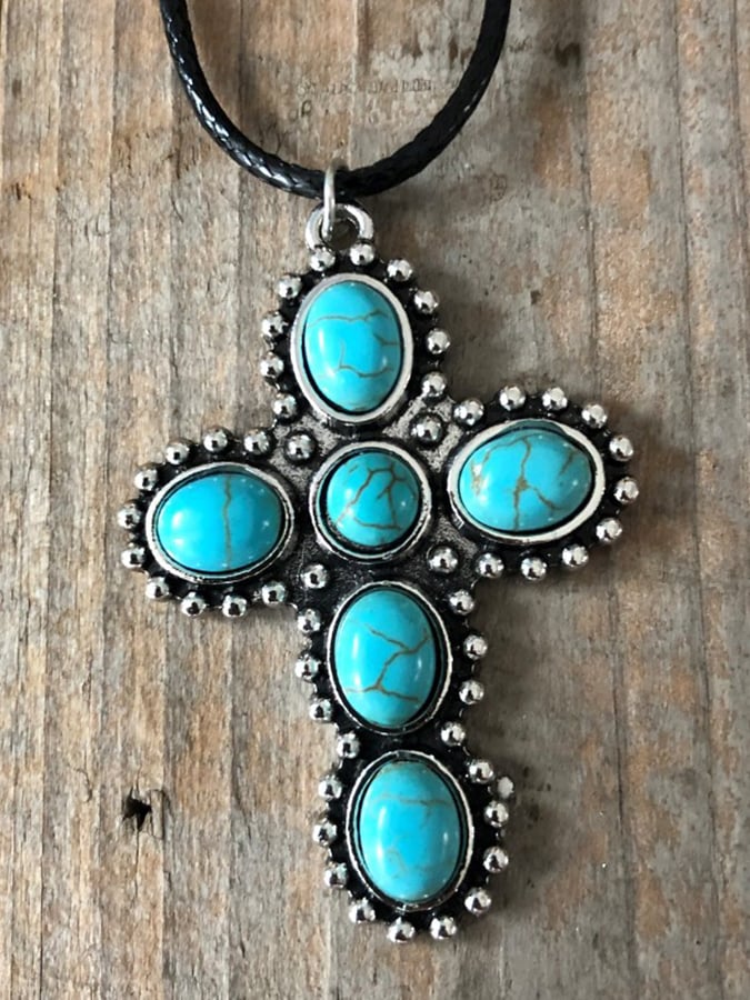 European And American Vintage Turquoise Cross Necklace