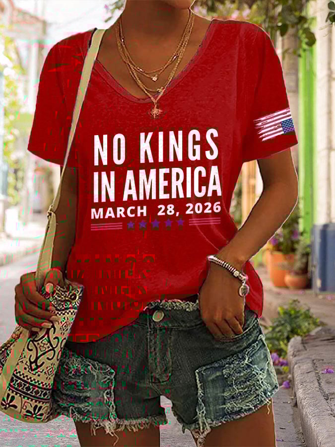 🔥Buy 3 Get 15% Off🔥V-Neck Retro No Kings In America March 28 2026 Print T-Shirt