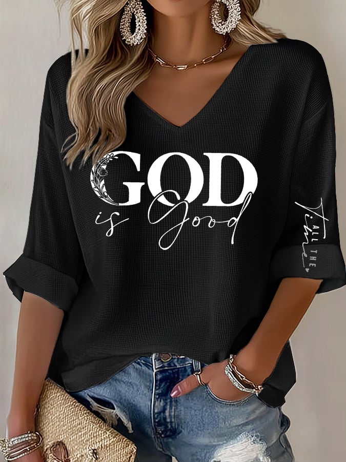 Women's casual God is good at all times waffle long-sleeved T-shirt