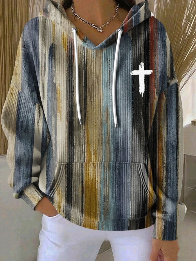 Women's Faith Cross Stripe Print Casual Hooded Sweatshirt