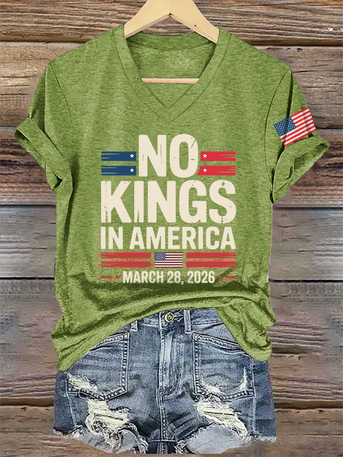 🔥Buy 3 Get 15% Off🔥V-Neck Retro No Kings In America March 28 2026 Print T-Shirt