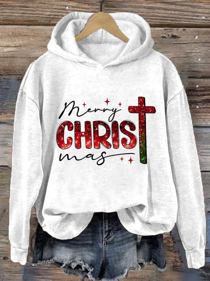 Women's Casual Christmas Art Cross Faith Print Hoodie
