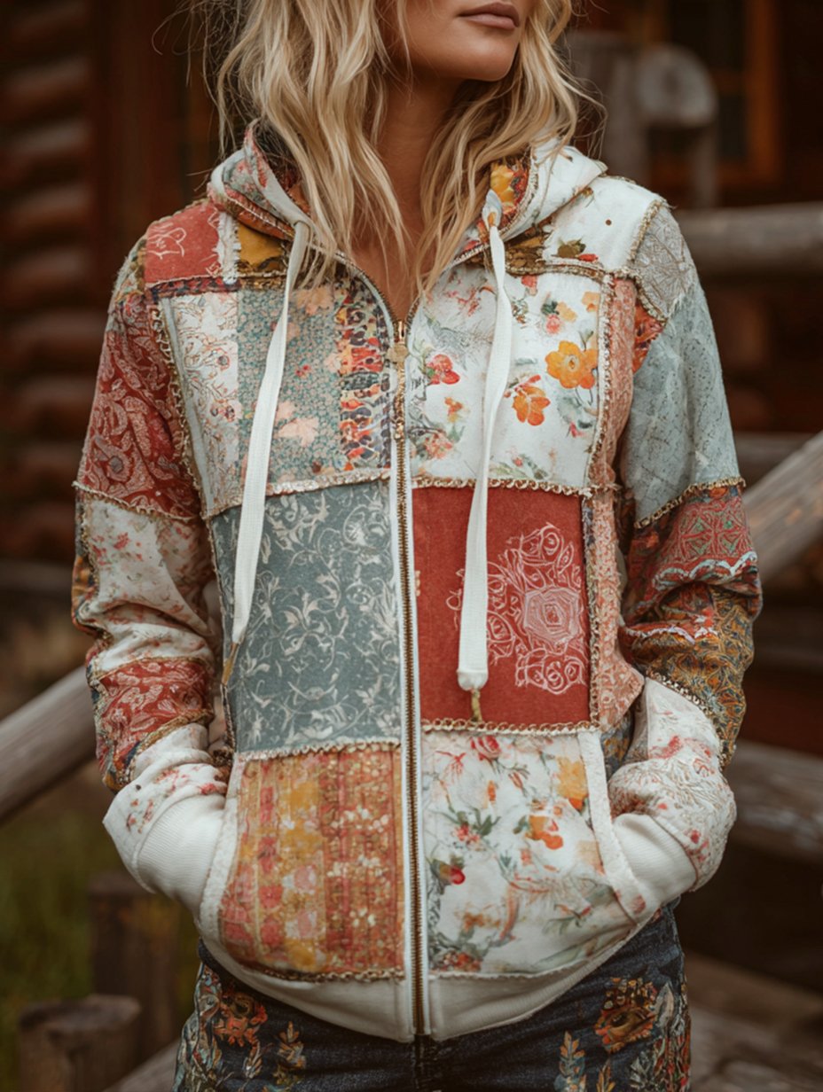 Women's Casual Romantic Floral Print Zipper Jacket