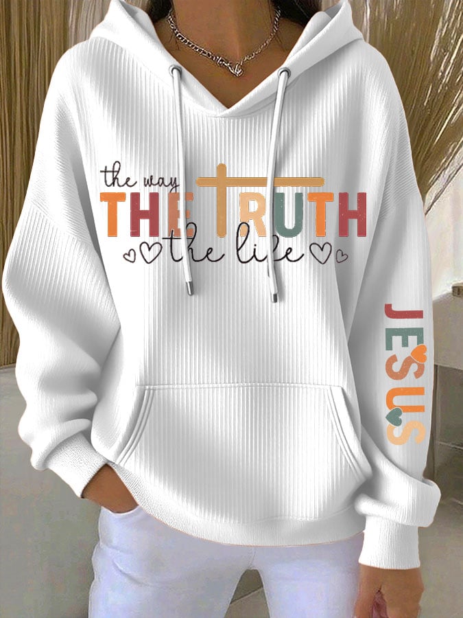 Women's Faith Cross Contrast The Way The Truth The Life Print Casual Hooded Sweatshirt