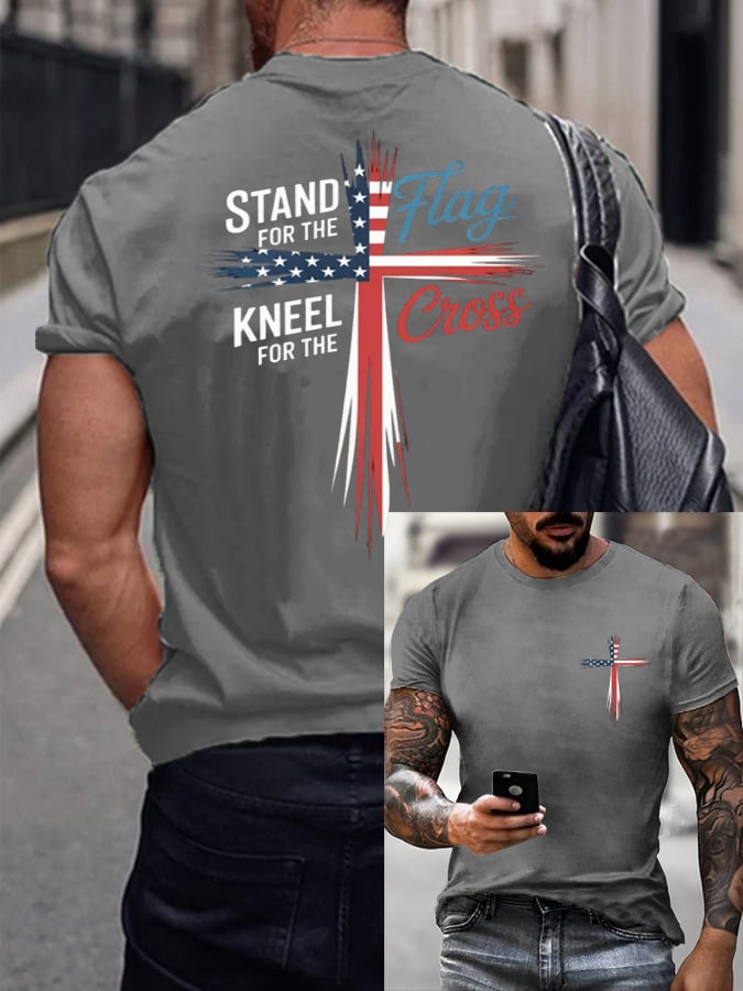 🔥Buy 3 Get 15% Off🔥🔥Hot Sale Picks 🔥Men's Stand For Flag Kneel For The Cross Print T-Shirt