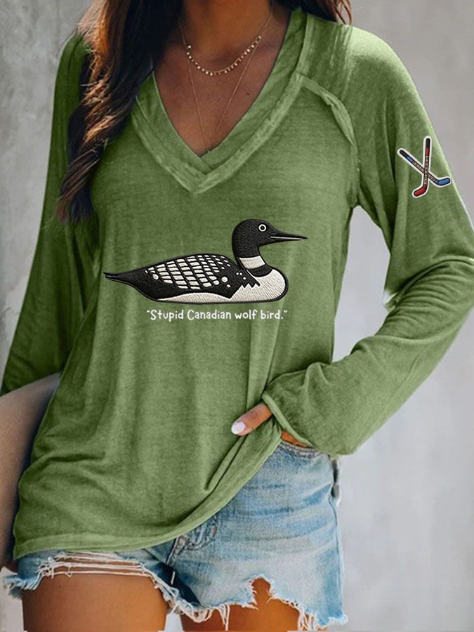 Women's Stupid Canadian wolf bird Print Casual T-Shirt