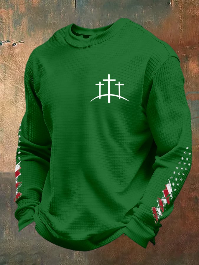Men's Retro Faith Design Printed Waffle Fabric Long Sleeve T-Shirt