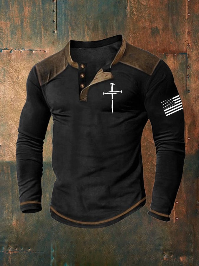 Men's Cross Print Casuasl Henley Collar Shirt