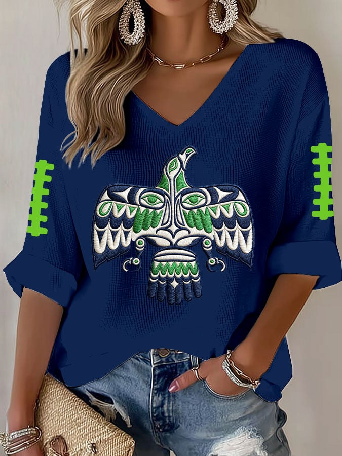 Women's Football Print Waffle Long Sleeve T-Shirt