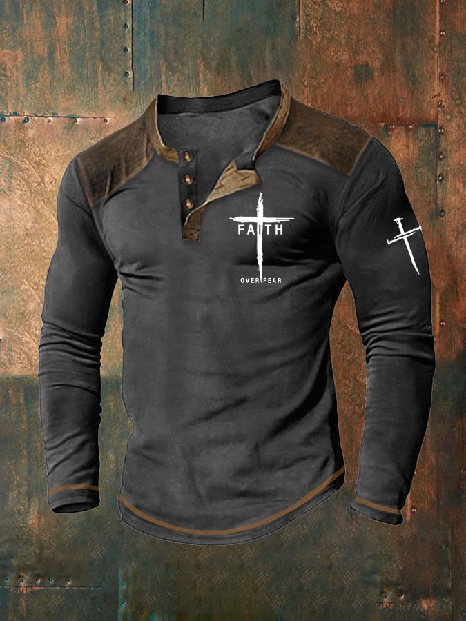 Men's Faith Over Fear Cross Printed Henley Collar Shirt
