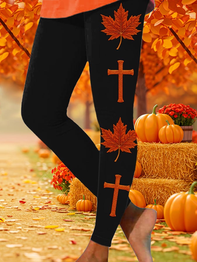 Women’s Retro Autumn Pumpkin Cross Print Leggings