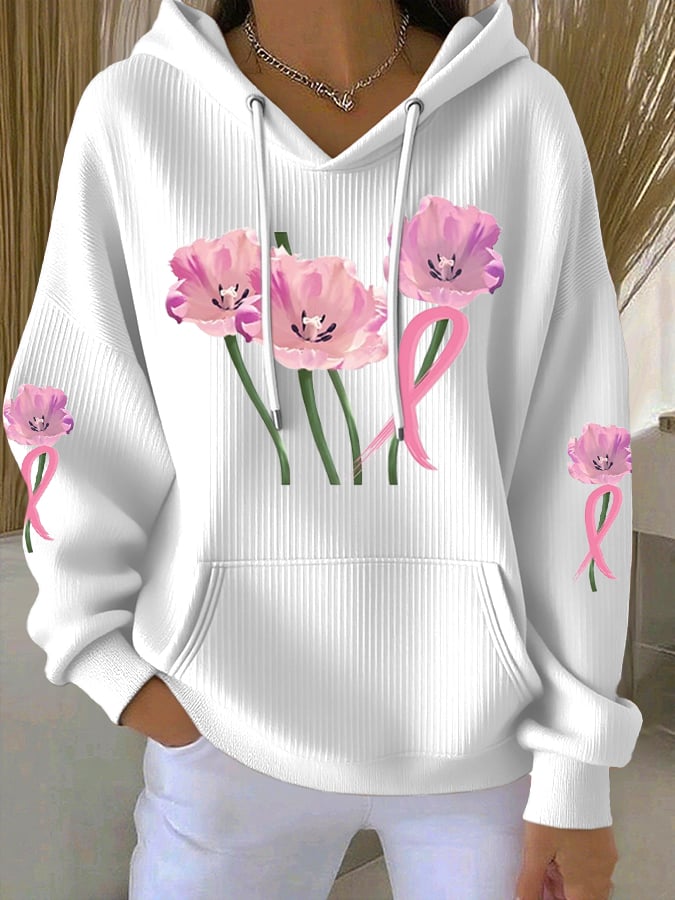 Women's Pink Print Casual Hooded Sweatshirt
