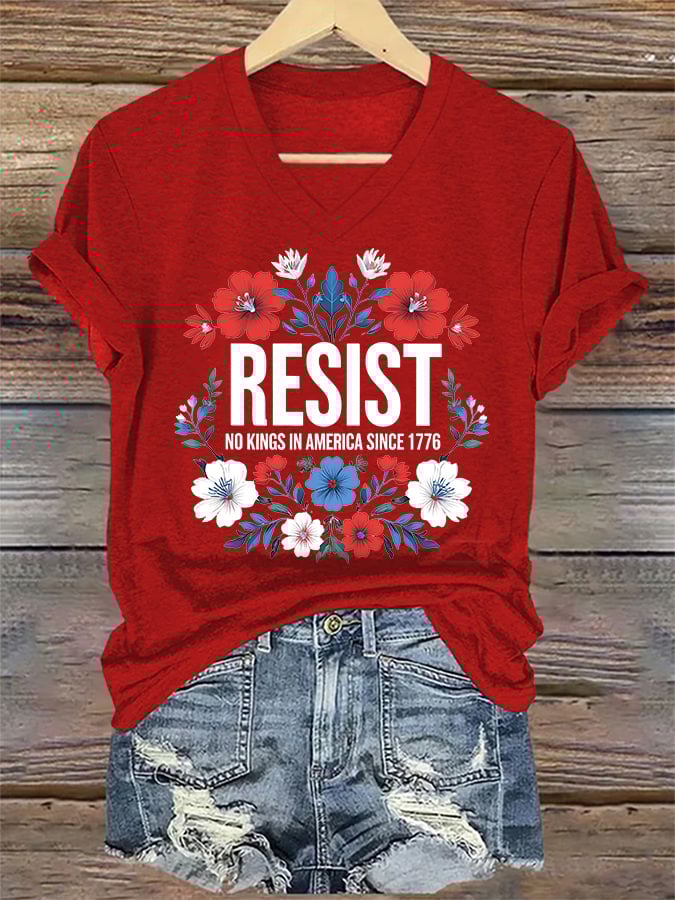 🔥Buy 3 Get 15% Off🔥V-Neck Retro Resist No Kings In America Since 1776 Print T-Shirt