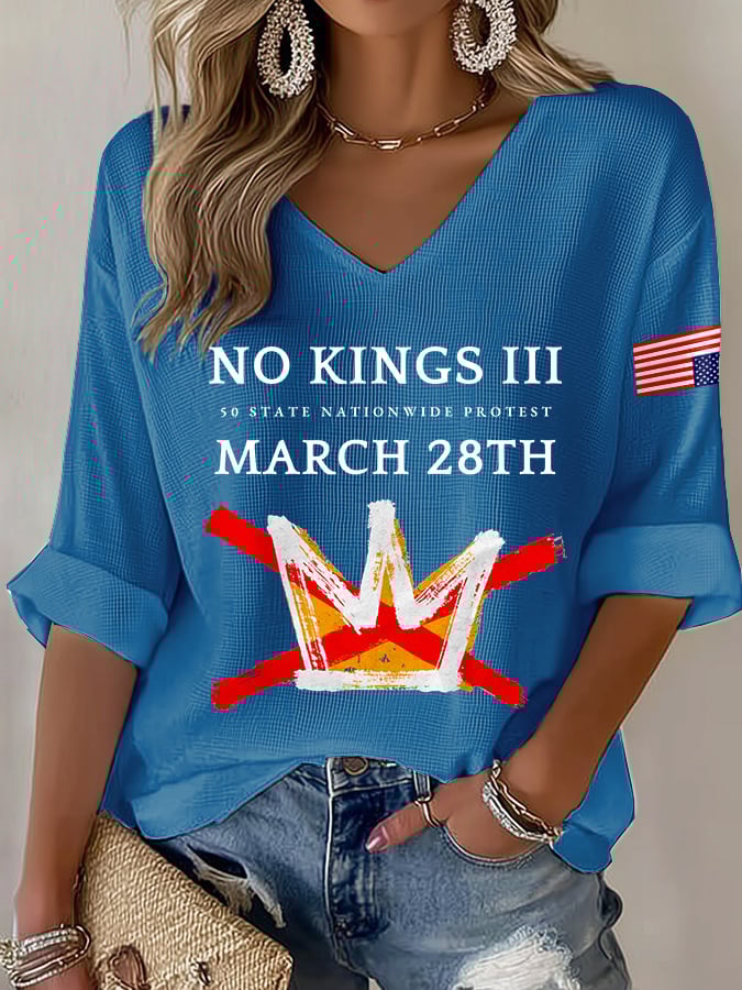 🔥Buy 3 Get 15% Off🔥V-Neck Retro No Kings III 50 State Nationwide Protest March 28th Print T-Shirt