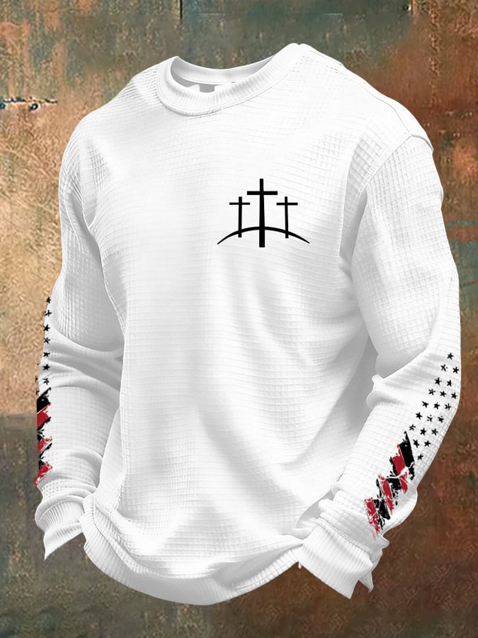 Men's Retro Faith Design Printed Waffle Fabric Long Sleeve T-Shirt