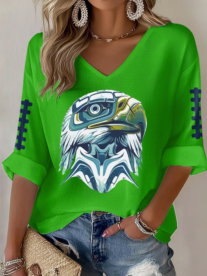 Women's Rugby Print Waffle Long Sleeve T-Shirt