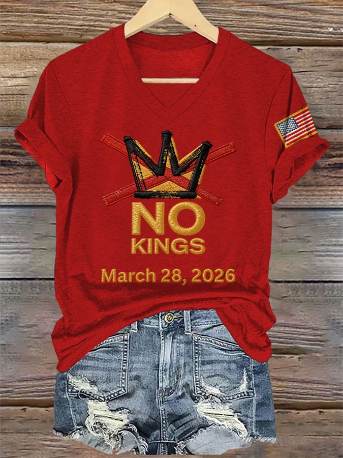 🔥Buy 3 Get 15% Off🔥V-Neck Retro No Kings Day March 28 2026 Print T-Shirt