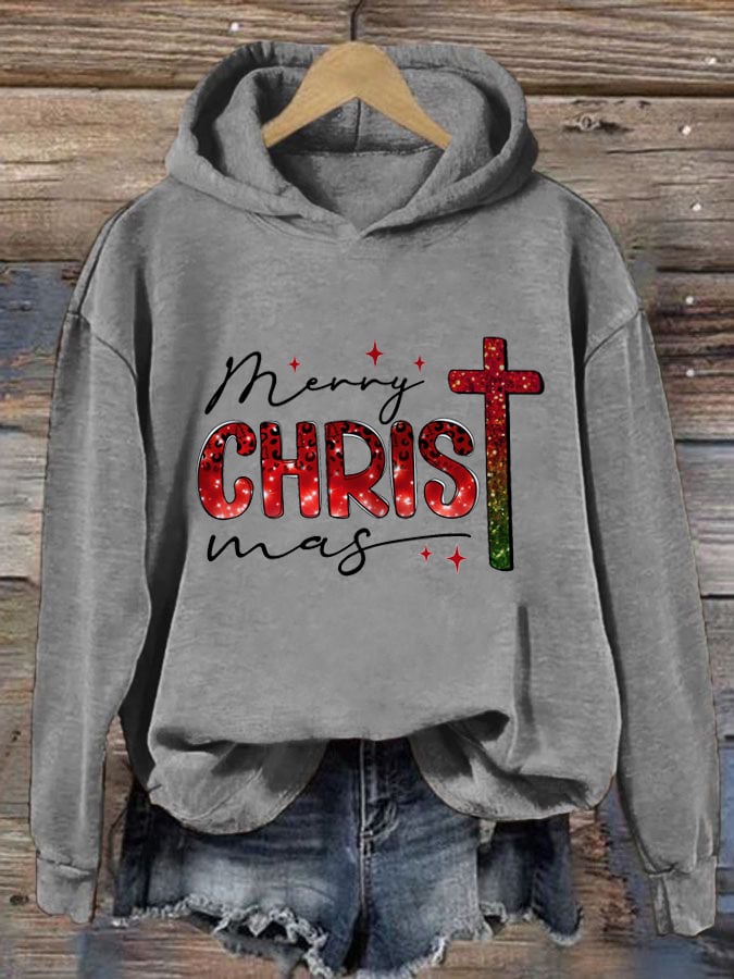 Women's Casual Christmas Art Cross Faith Print Hoodie