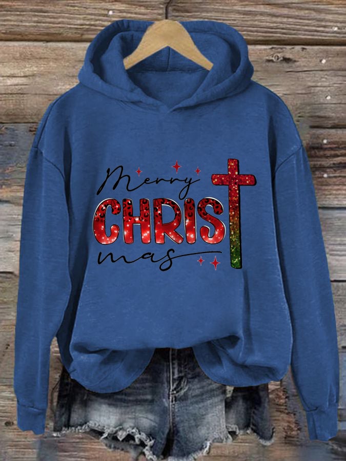 Women's Casual Christmas Art Cross Faith Print Hoodie