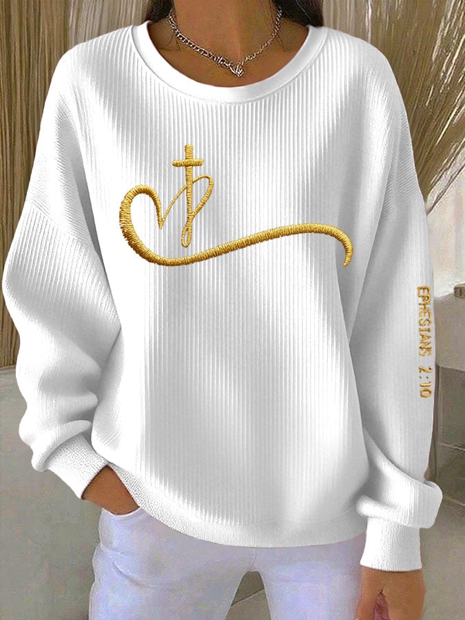 Women's Faith Print Knitted Crew Neck Long Sleeve Top