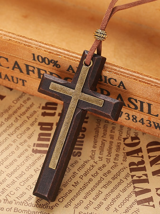 Women's Faith Vintage Handmade Double Layered Alloy Wooden Cross Necklace