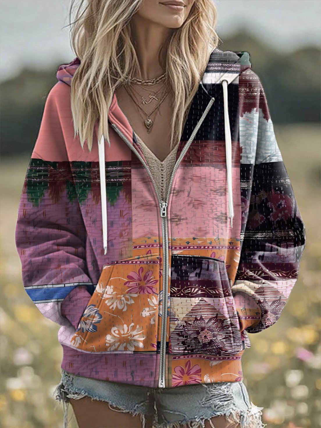 Women'S Casual Pink Floral Patchwork Hoodie