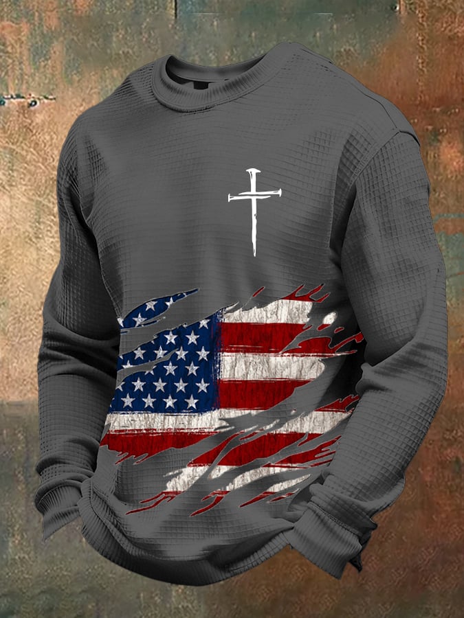 Men's Retro Faith Design Printed Waffle Fabric Long Sleeve T-Shirt