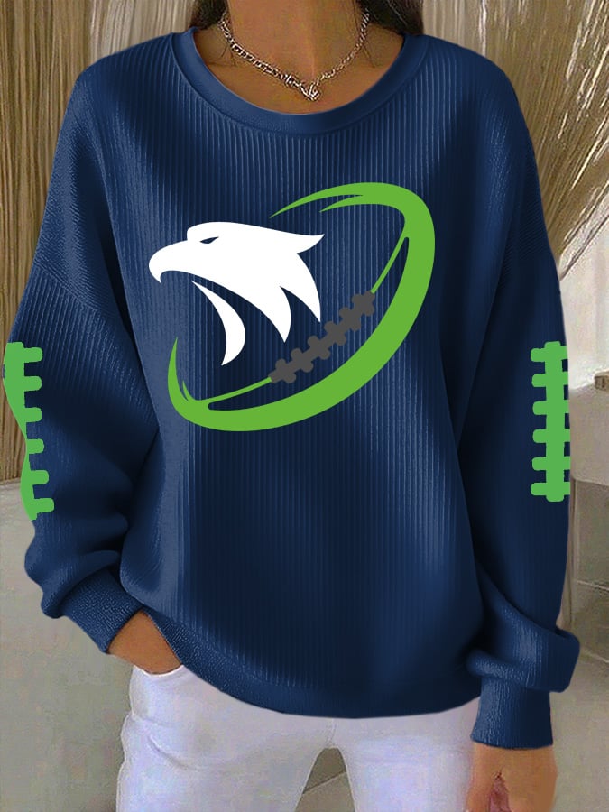 Women's Rugby Print Knit Crew Neck Long Sleeve Top