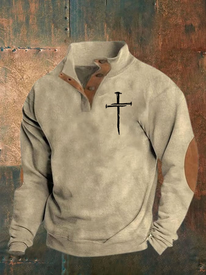🔥Buy 3 Get 15% Off🔥Men's Faith Cross Printed Stand Collar Button Sweatshirt
