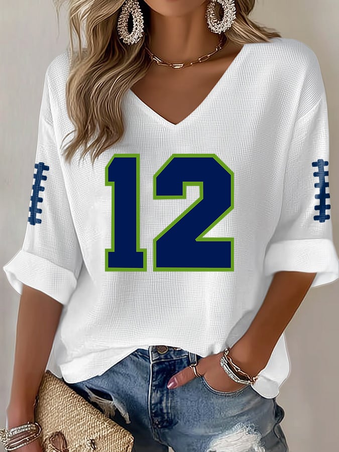 Women's Rugby Print Waffle Long Sleeve T-Shirt