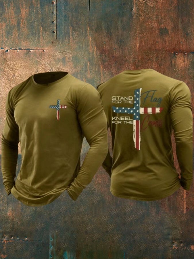 Men's Stand For The Flag Kneel For The Cross Printed Casual T-Shirt