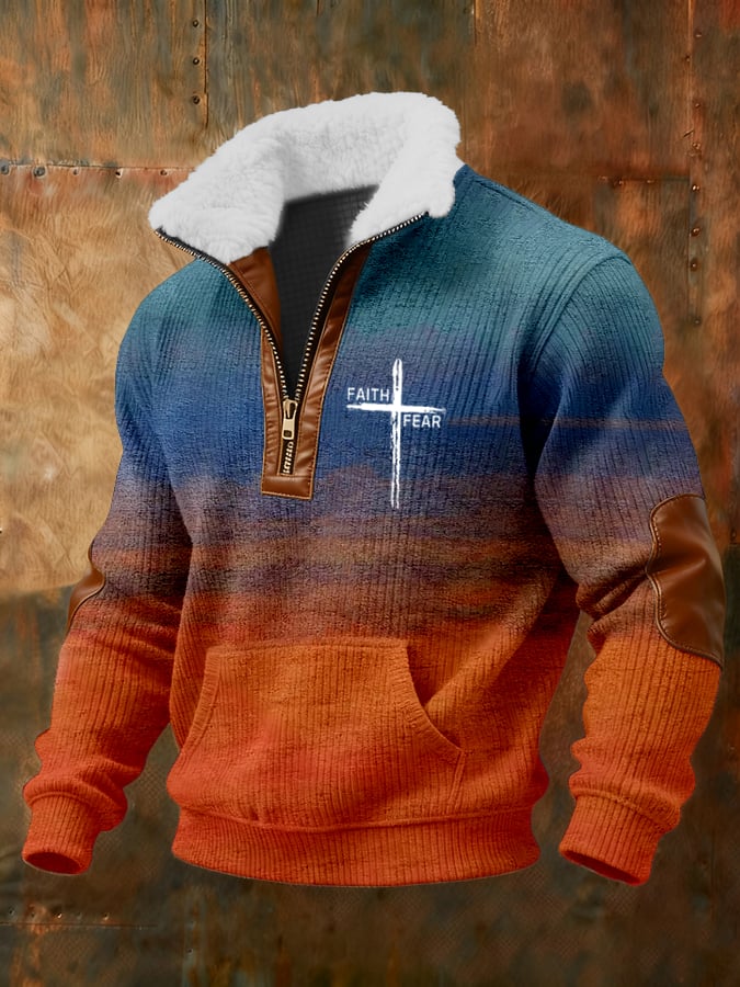 Men's Retro Faith Cross Jacquard Texture Design Zippered Fur Collar Pocket Patchwork Long-Sleeved Sweatshirt