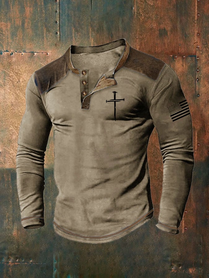 Men's Cross Print Casuasl Henley Collar Shirt