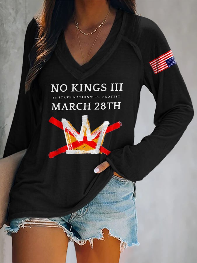 🔥Buy 3 Get 15% Off🔥V-neck Retro No Kings III 50 State Nationwide Protest March 28th Print T-Shirt