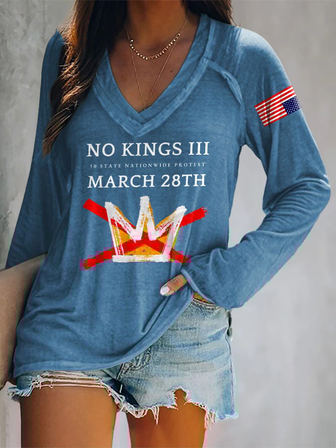 🔥Buy 3 Get 15% Off🔥V-neck Retro No Kings III 50 State Nationwide Protest March 28th Print T-Shirt