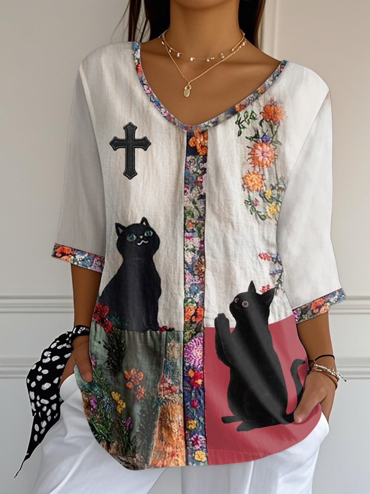 Women's Cute Cat Praying God Bless Cross V-Neck Printed Long Top