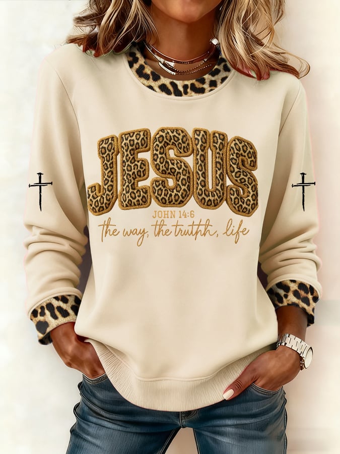 Women's Casual Retro The Way The Truth The Life Leopard Print Sweatshirt