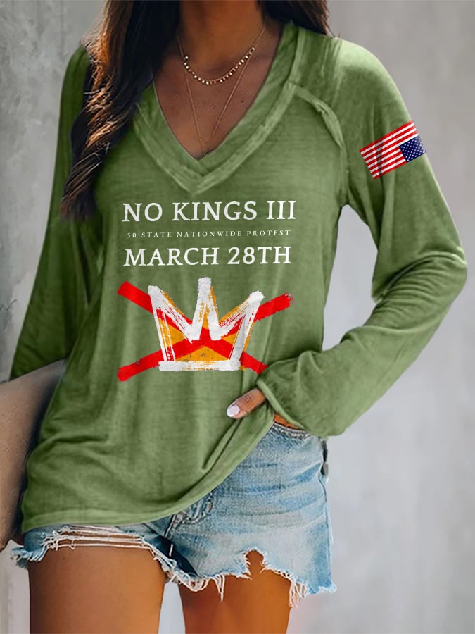 🔥Buy 3 Get 15% Off🔥V-neck Retro No Kings III 50 State Nationwide Protest March 28th Print T-Shirt