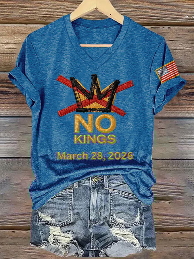🔥Buy 3 Get 15% Off🔥V-Neck Retro No Kings Day March 28 2026 Print T-Shirt