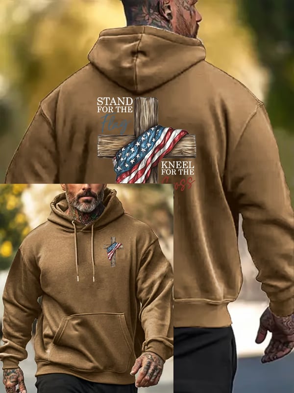 Men's Stand For The Flag Kneel For The Cross Printed Casual Hoodie