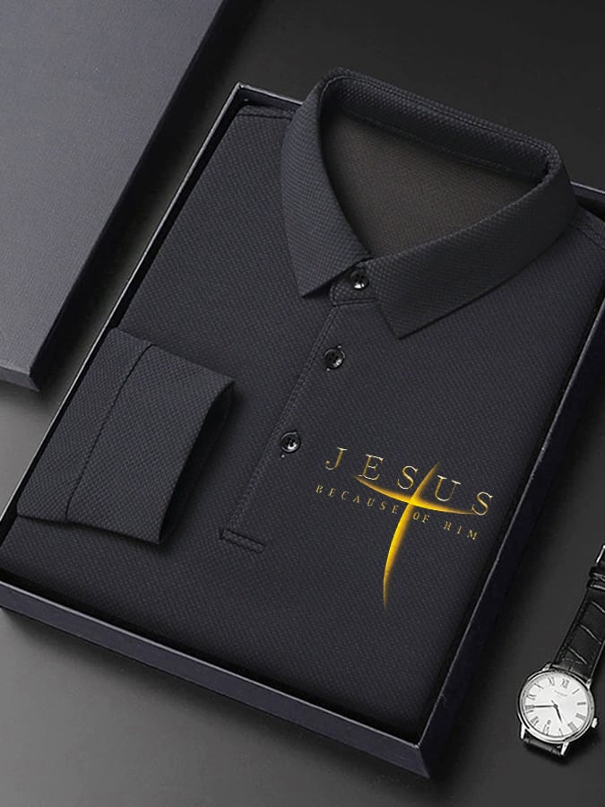 🔥Buy 3 Get 15% Off🔥Men's Vintage Faith “Jesus Because Of Him” Long Sleeves Polo Shirt